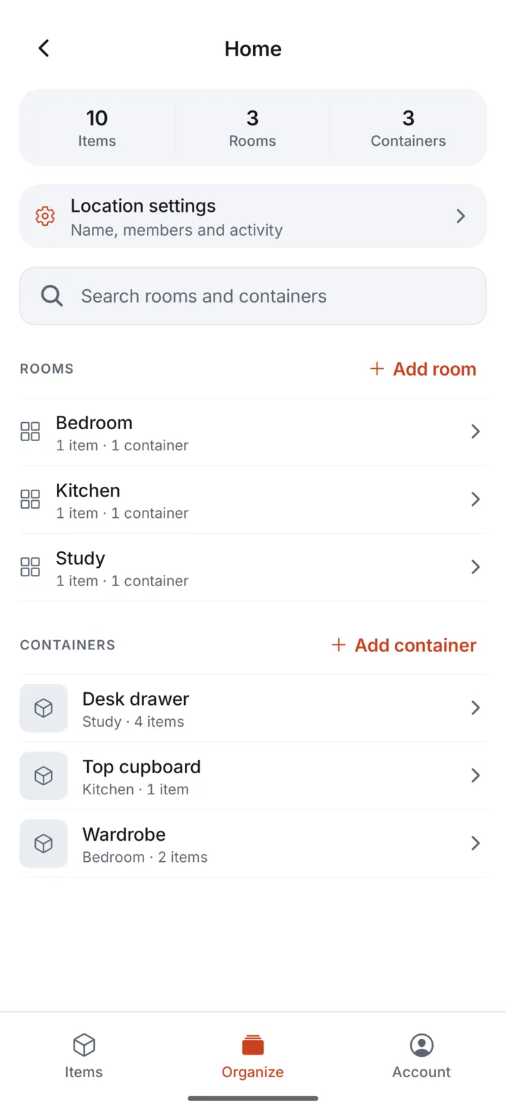 An Itemsbase Location Home with 3 Rooms and 3 Containers, listing Bedroom, Kitchen, Study and where each Container sits